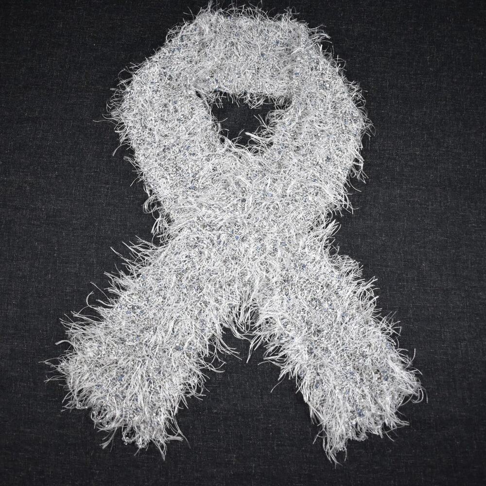 Y2K Eyelash Yarn Skinny Scarf White Gray Beaded Fairycore Whimsigoth Coqeutte